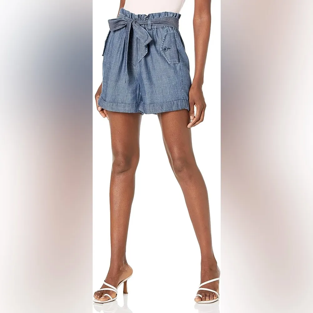 TRINA TURK Serenity High Waist Paper Bag Shorts Linen Blend Chambray Sz Large - Image 2