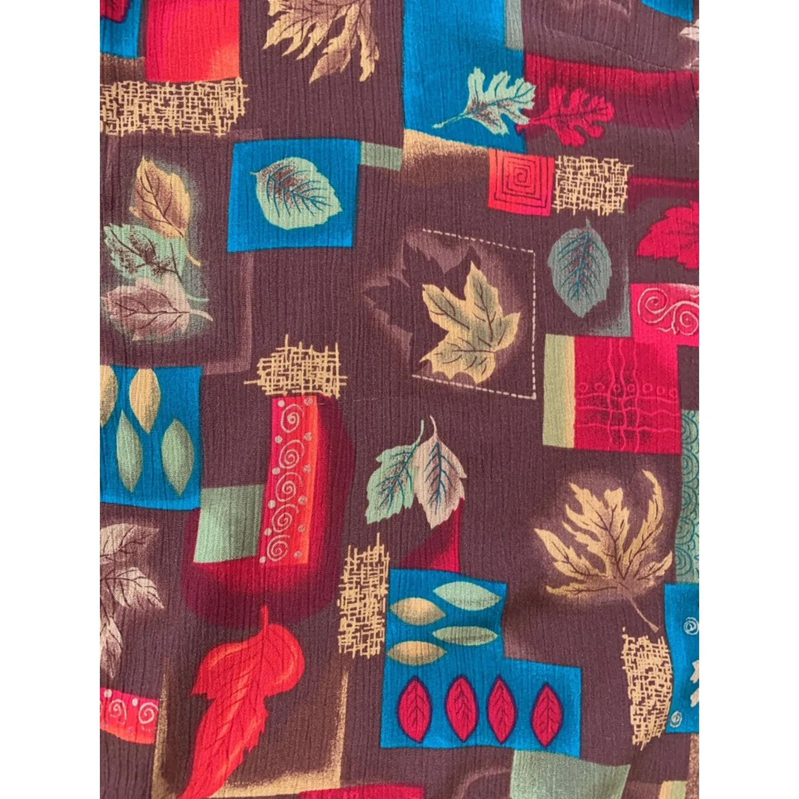 90s Brown Abstract Leaf Print Crinkle Rayon Button Down Short Sleeve Top Plus 3X - Image 6