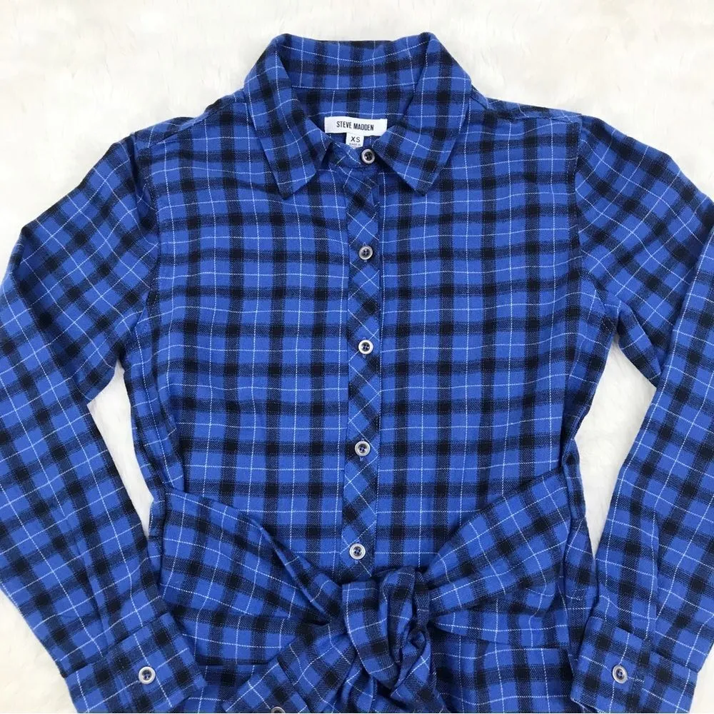 STEVE MADDEN Blue Plaid Shirt Dress Long Sleeve Button Front Black Size XS‎ New - Image 4