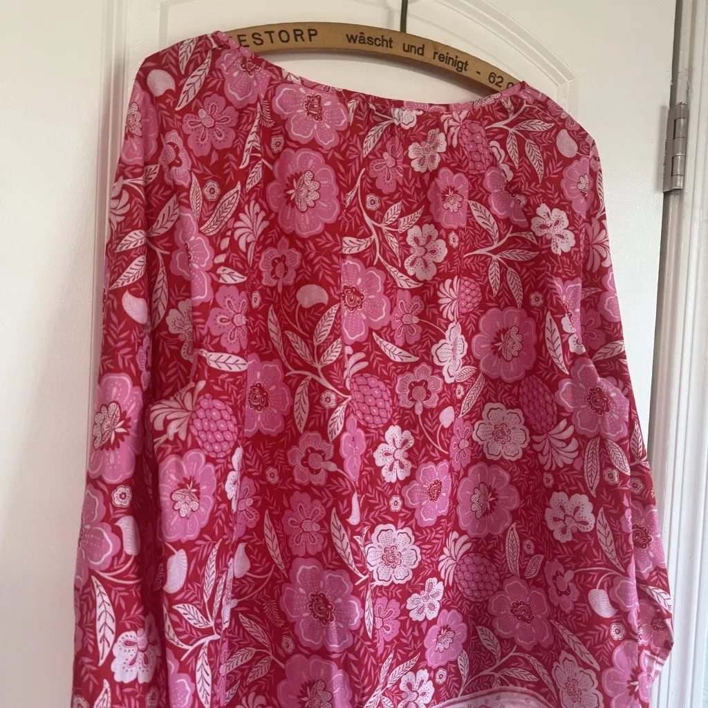 Talbots Floral Paradise Puff Sleeve Popover Blouse Red Pink Valentine’s Day Sz L - Image 5