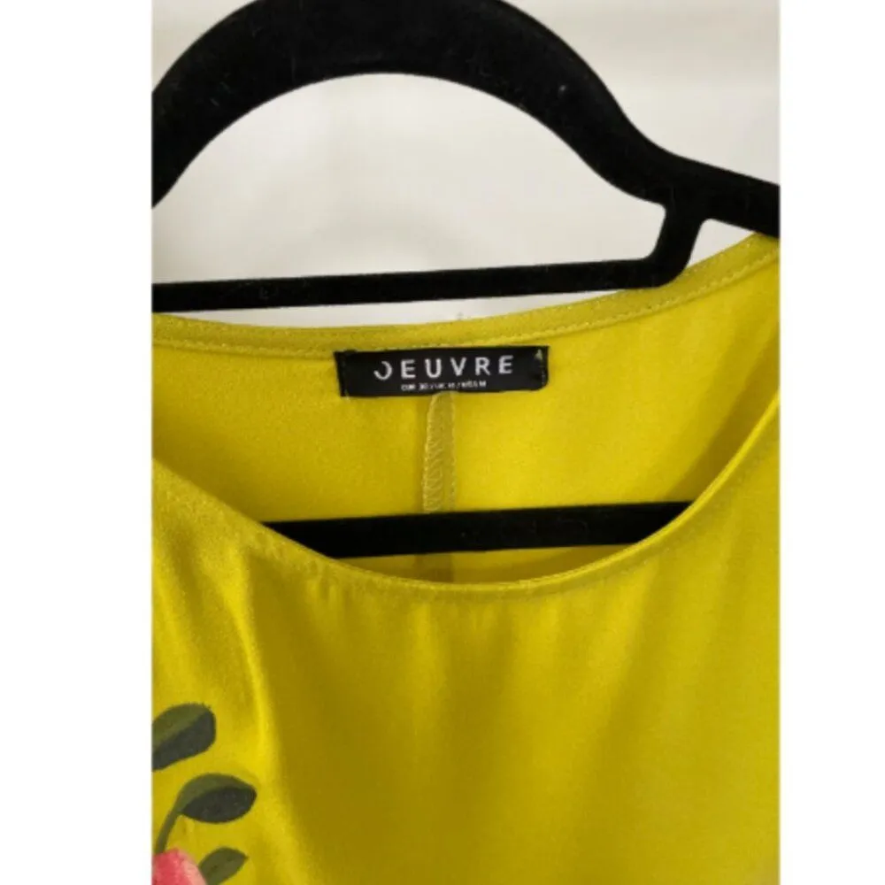 Jeuvre Embroidered Floral Short Sleeve Blouse Top Chartreuse Green Size M - Image 4