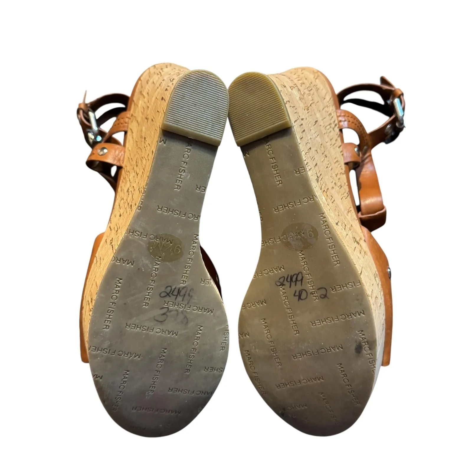 Marc Fisher‎ Shoes Womens Size 9.5M Brown Leather Cork Wedge Sandal Strappy Heel - Image 8