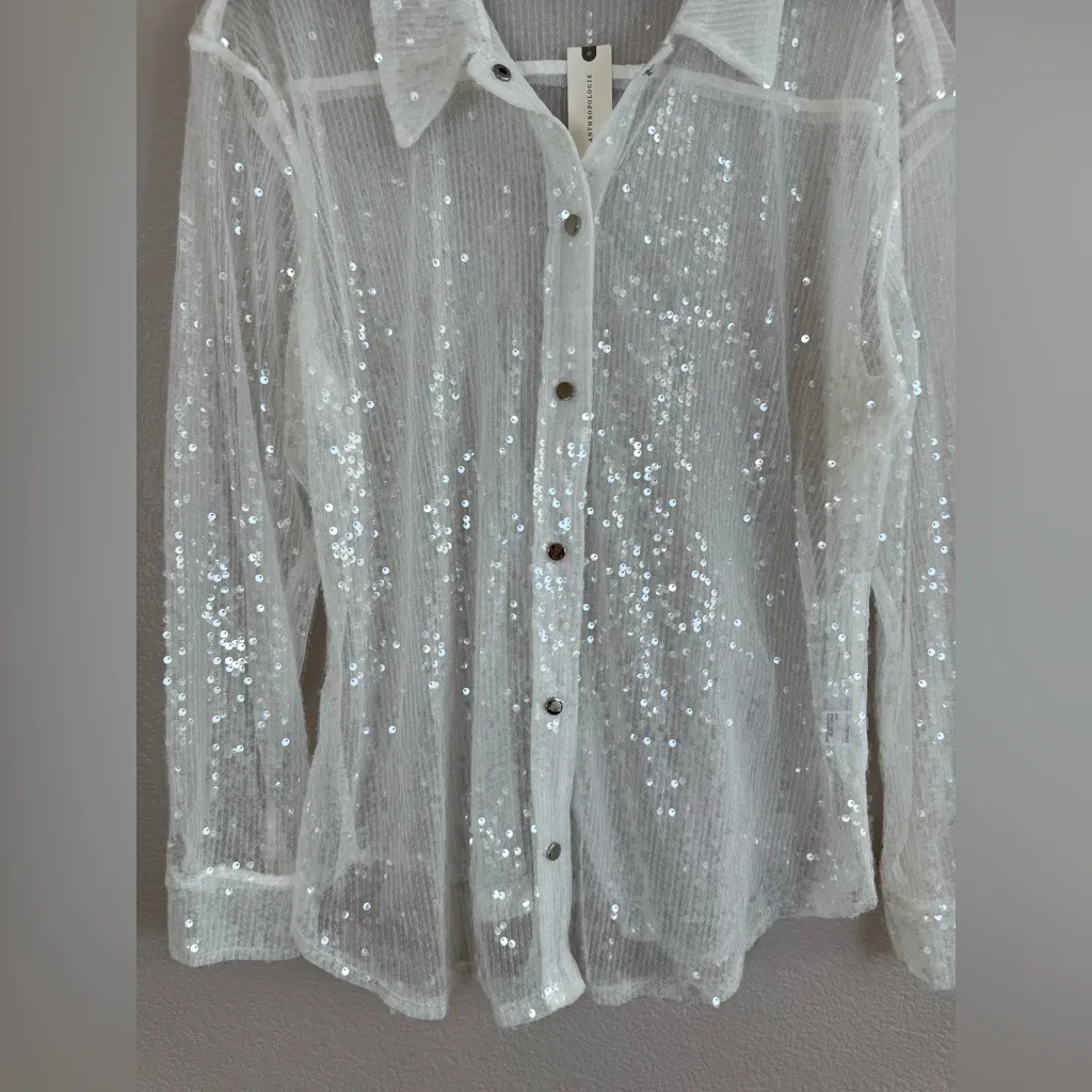Anthropologie 4SI3NNA Sheer Sequin Long Sleeve Button Down Shirt White Large NEW - Image 9