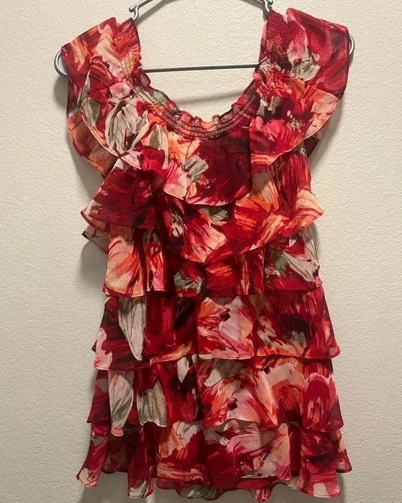 White House Black Market layered ruffle tank blouse floral off shoulder top red - Image 3