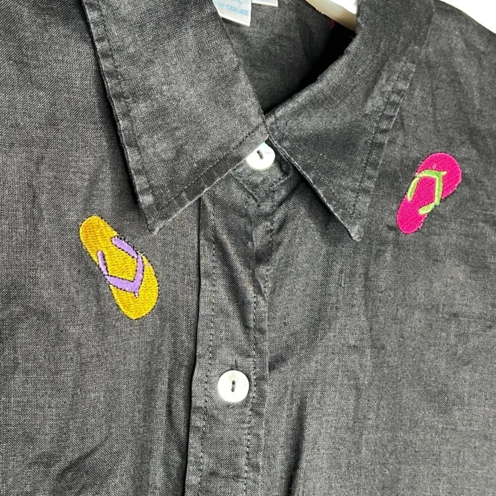 Vintage Casey Coleman Linen Blouse with Flip‎ Flops Black Size L - Image 4