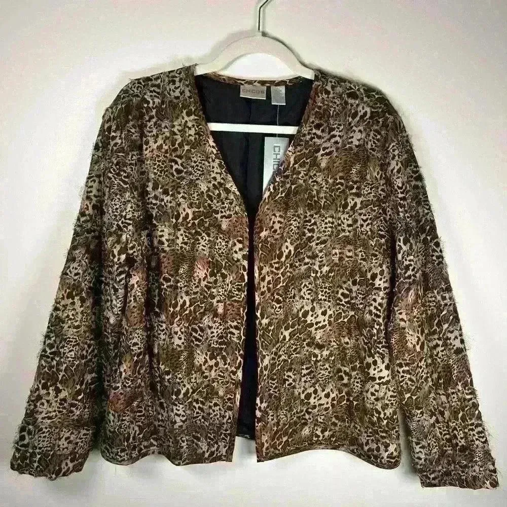 NWT Chico’s Women’s Size 1 (Medium/Size 8) Silk Open Front Jacket Animal Print - Image 16