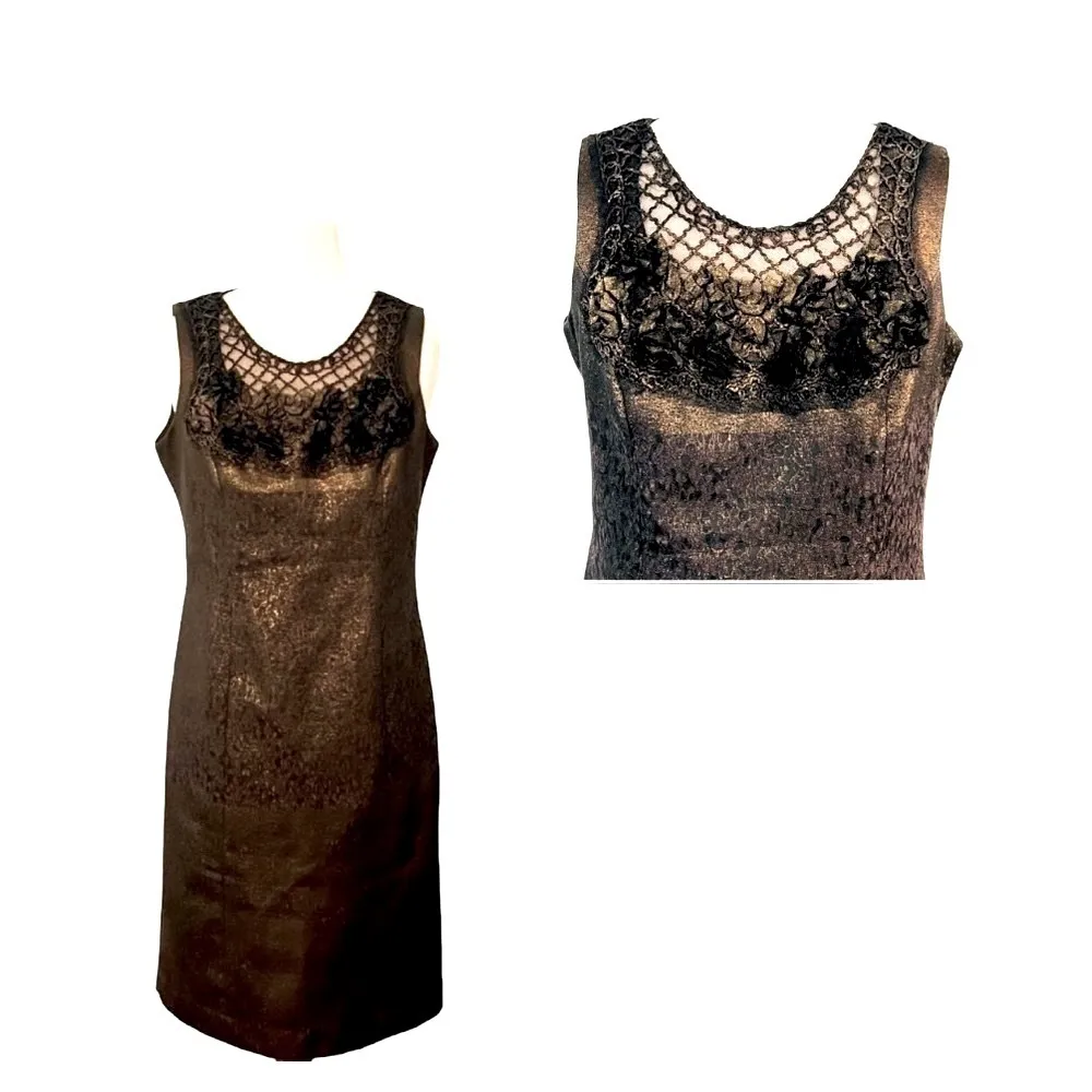 RICKIE FREEMAN Teri Jon Brocade Black Gold Mesh Floral Cocktail Sheath Dress 6 - Image 2