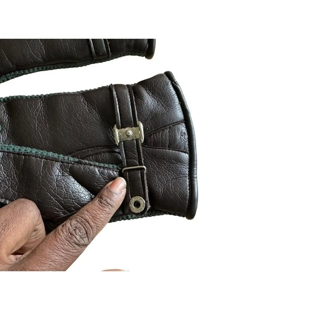 Brown Faux Leather Green Knit Accent Gloves Adjustable Strap FAux Fur Lined S/M - Image 6
