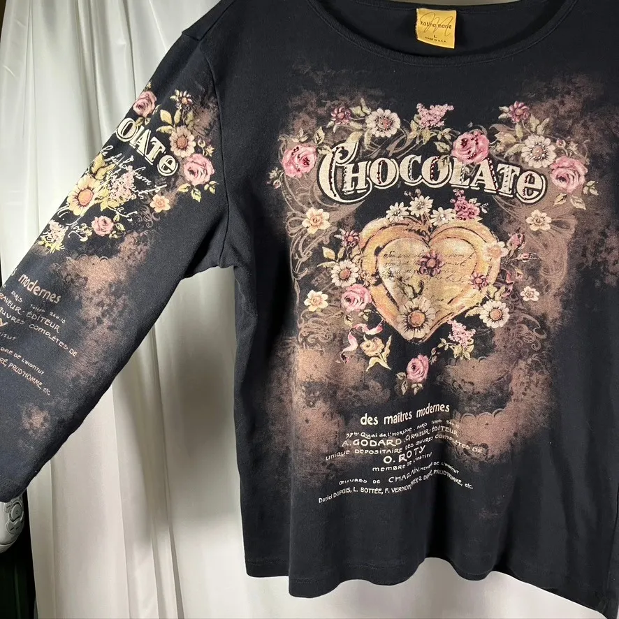 Katina Marie Floral Chocolate Rhinestone Print Long Sleeve Top Womens L USA Made Black Size L - Image 8