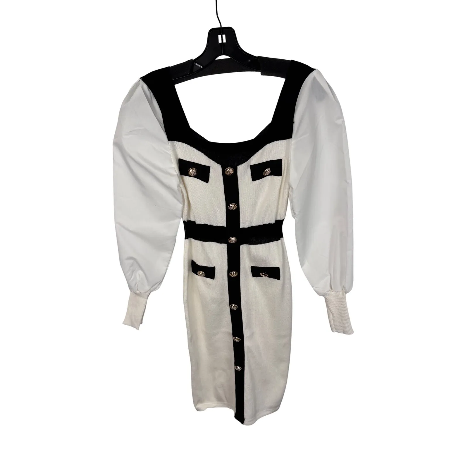 White Black Midi Dress Long Balloon Sleeve Button‎ sizeS/M stretchy - Image 4