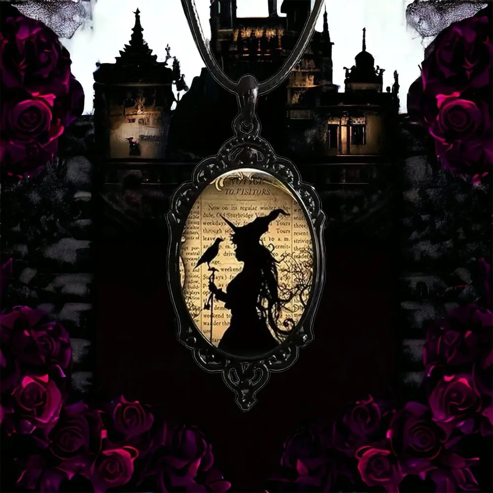 Witch And‎ Raven Cameo Black Pendant, Vintage Style Gothic Crow Glass Pendant - Image 4