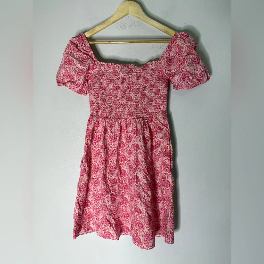 J. Crew Pink Floral Smocked‎ Puff Sleeve Flowy Poplin Mini Dress Tropical XS - Image 3