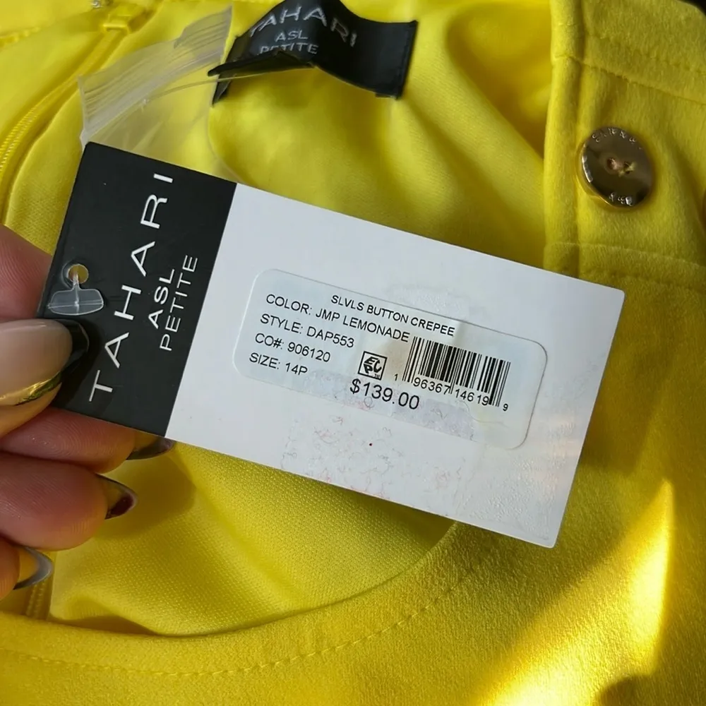 Tahari ASL Bright Yellow Button Accents Pleated Skirt Sleeveless Dress 14P - Image 13