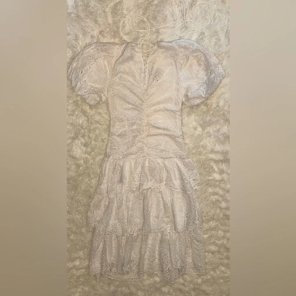 NWOT Farm Rio Eyelet Puff Sleeve Tiered Cotton White Midi Dress sz M - Image 4