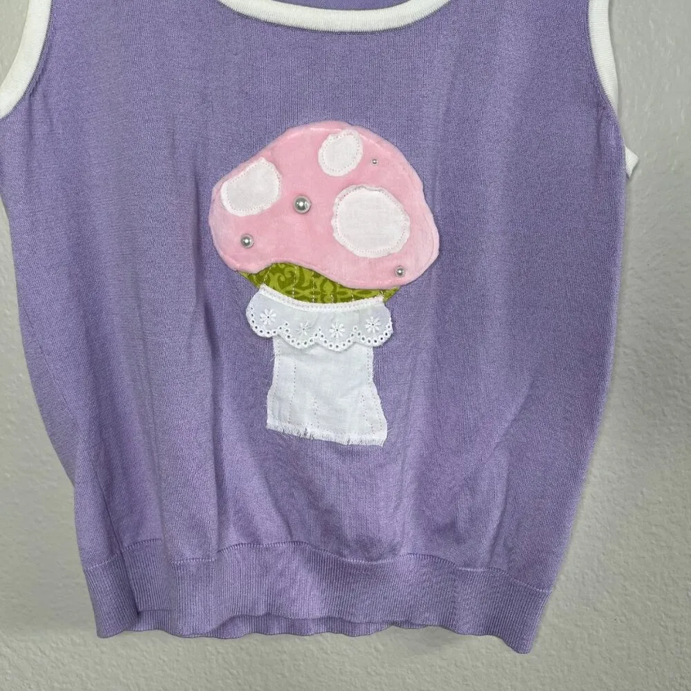 Jones New York Vintage Sleeveless Purple Knit Pink Mushroom Applique Top medium - Image 5