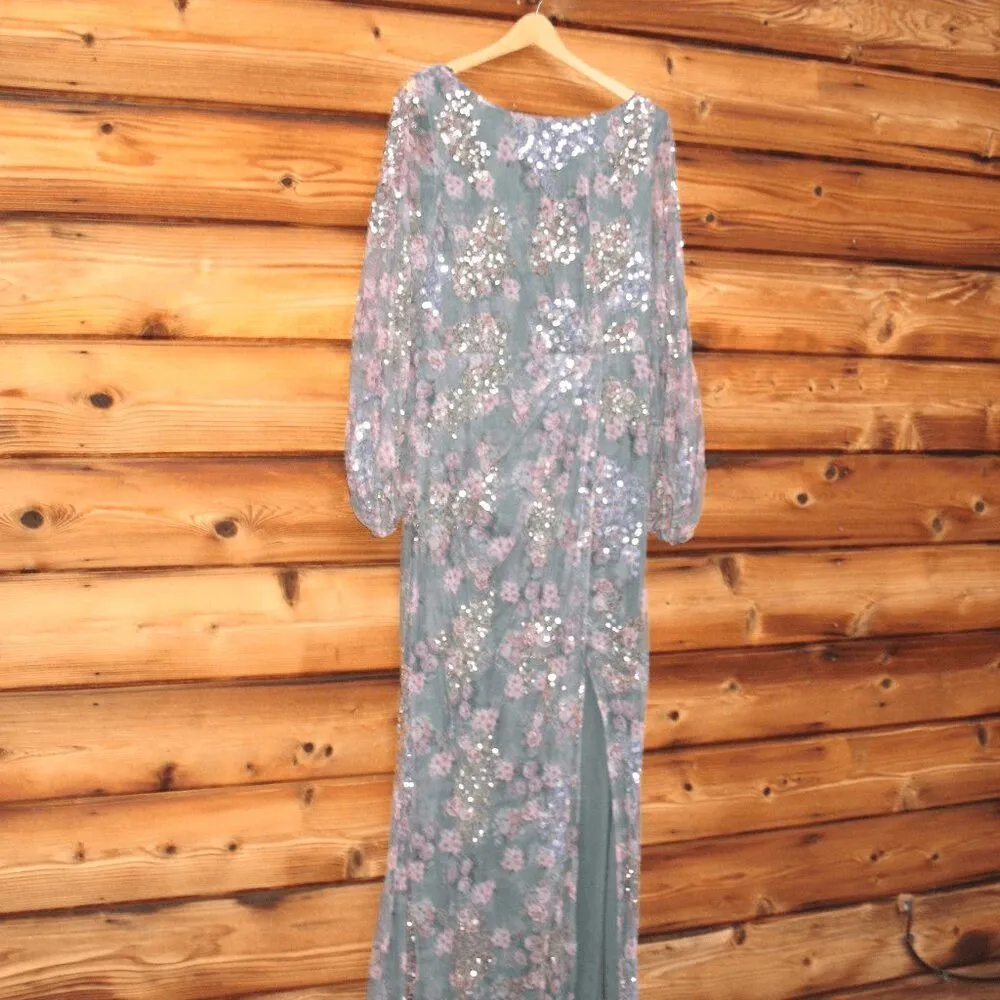 MAC DUGGAL  93750 Embellished Illusion Long Sleeve Faux Wrap Gown Gray-Green 10 - Image 7