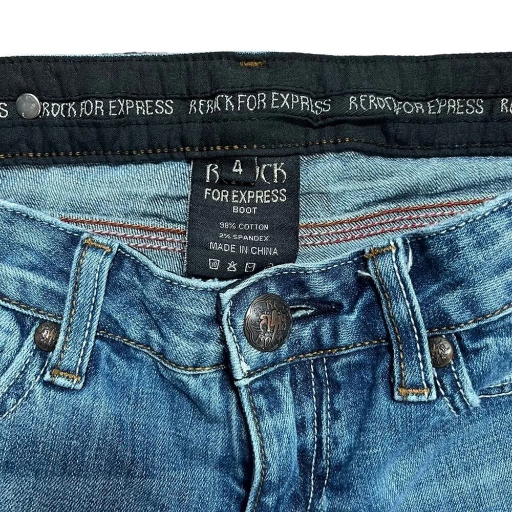 REROCK for Express Bootcut Low Rise Jeans Womens Size 4 Medium Wash Rodeo Biker Blue - Image 3