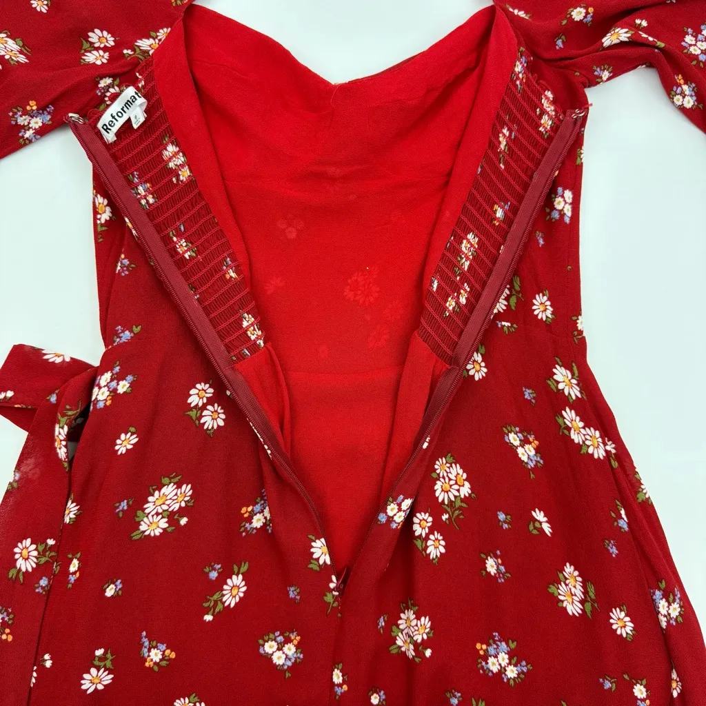 Reformation Cammi Floral Ruffle Wrap Mini Dress Cassia Red White - Image 14