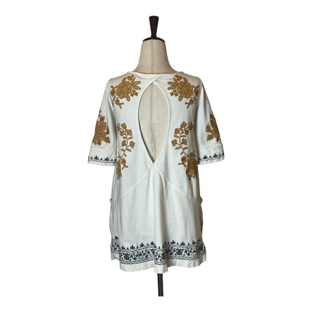 Free People Talia‎ White Floral Embroidered Lace Up Cut Out Back Tunic Top XS - Image 3