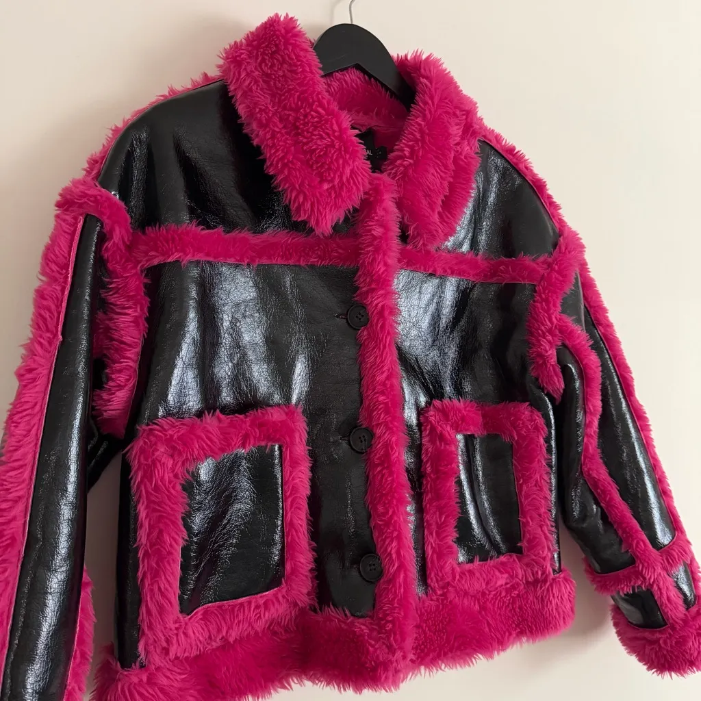Nasty Gal Pink Black Faux Fur Vinyl Jacket Sz 4 NWOT Barbiecore Y2K - Image 3