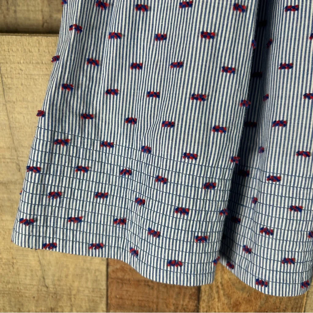 1901 Nordstrom Blue Clipdot Stripe Pleat Collar Cotton Linen Tie Dress 2 Petite - Image 4