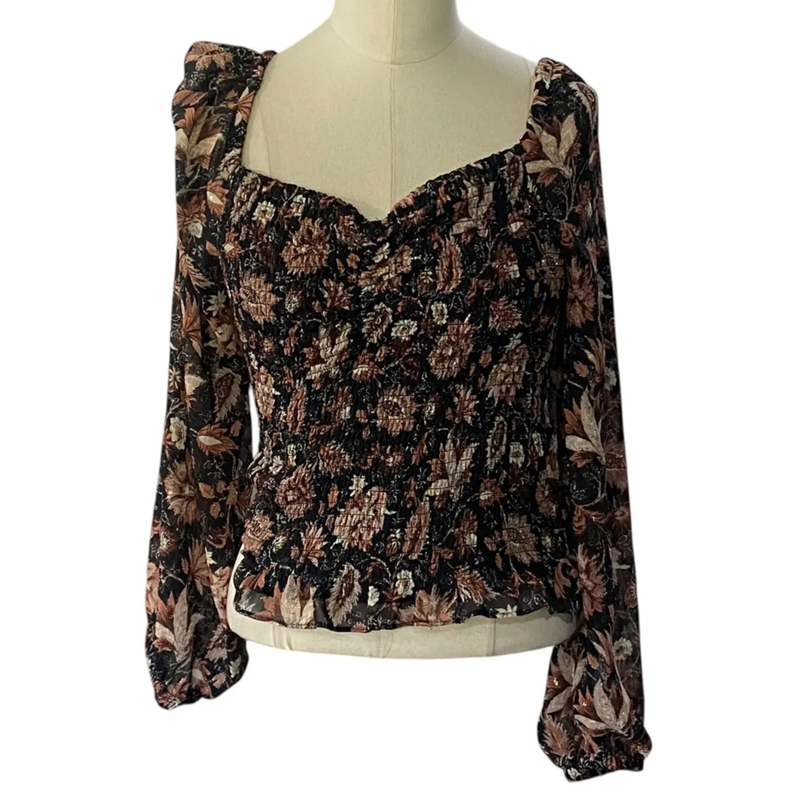 Madewell Lucie Smocked Top Blouse Black Floral Long Sleeve Top - Image 3