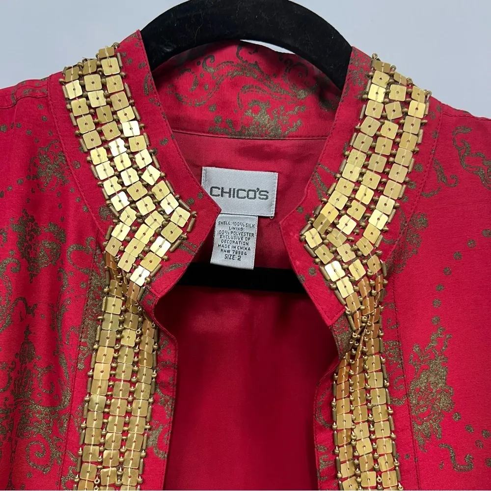 Chico’s size 1 silk Blazer Red & Gold open jacket Blouse - Image 7