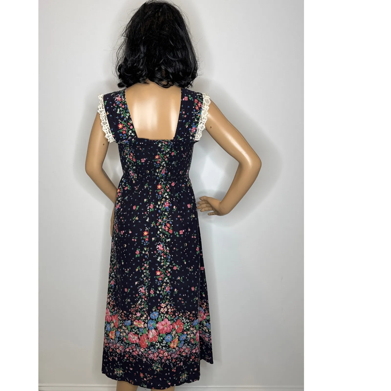 Vintage 70s The Fig Leaf Floral Smocked Cottagecore Prairie Midi Cotton Dress XS - Image 5