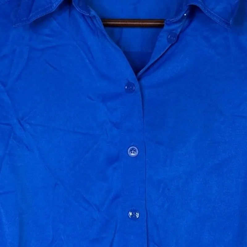 Zara Satin Feel Collared Button Down Stretchy Dress Shirt Blouse M Royal Blue - Image 10