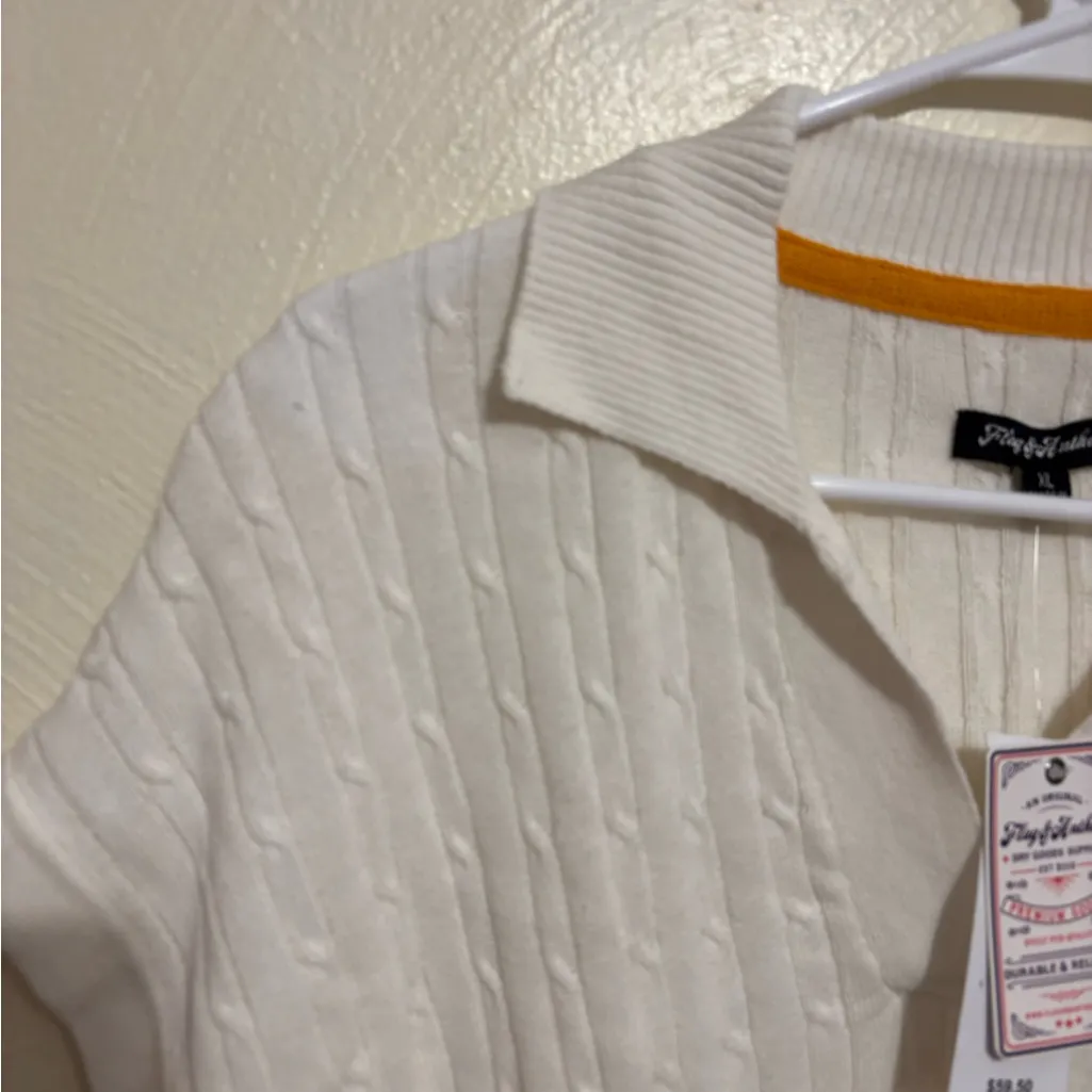 Flag & Anthem Cable Knit Polo Sweater Cream Striped Trim XL NWT White - Image 6