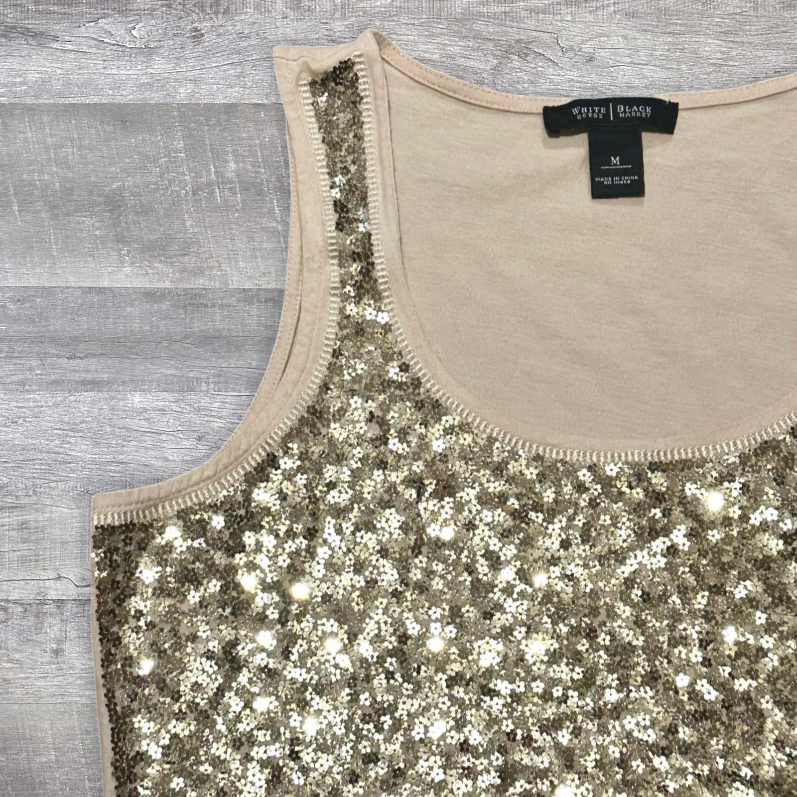 WHBM Gold Sequin Sleeveless Top Scoop Neck Womens M Tan Stretch Bling Tank - Image 3