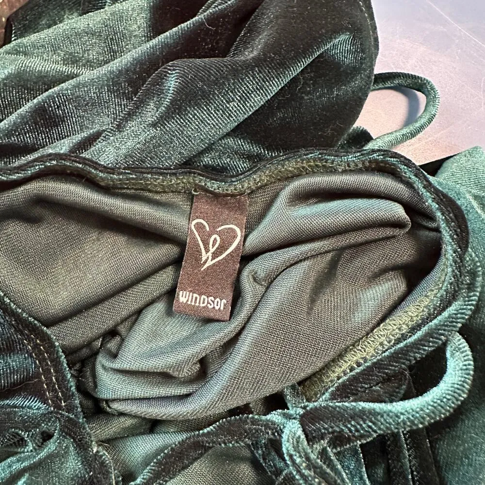 Windsor Forest Green Velvet Mini Dress Y2K Vintage Open Back Lace-Up Party Large - Image 7