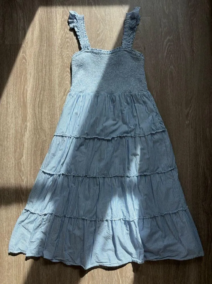 J.Crew  Smocked Tiered Navy White Striped Midi Dress Pockets Size Large - Image 5