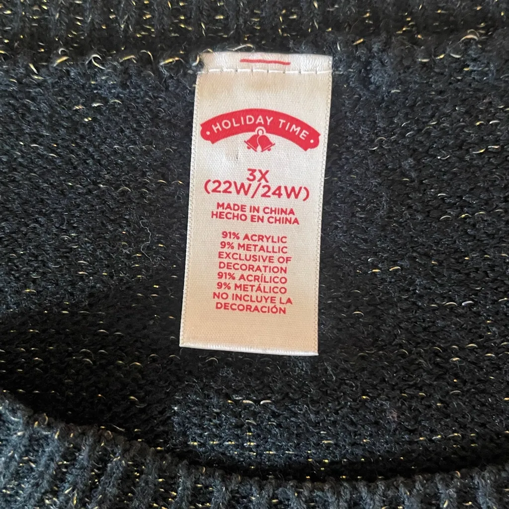 Holiday Time Women's Santa Christmas Sweater 3X Gold Metallic Knit Bell Eyes - Image 3