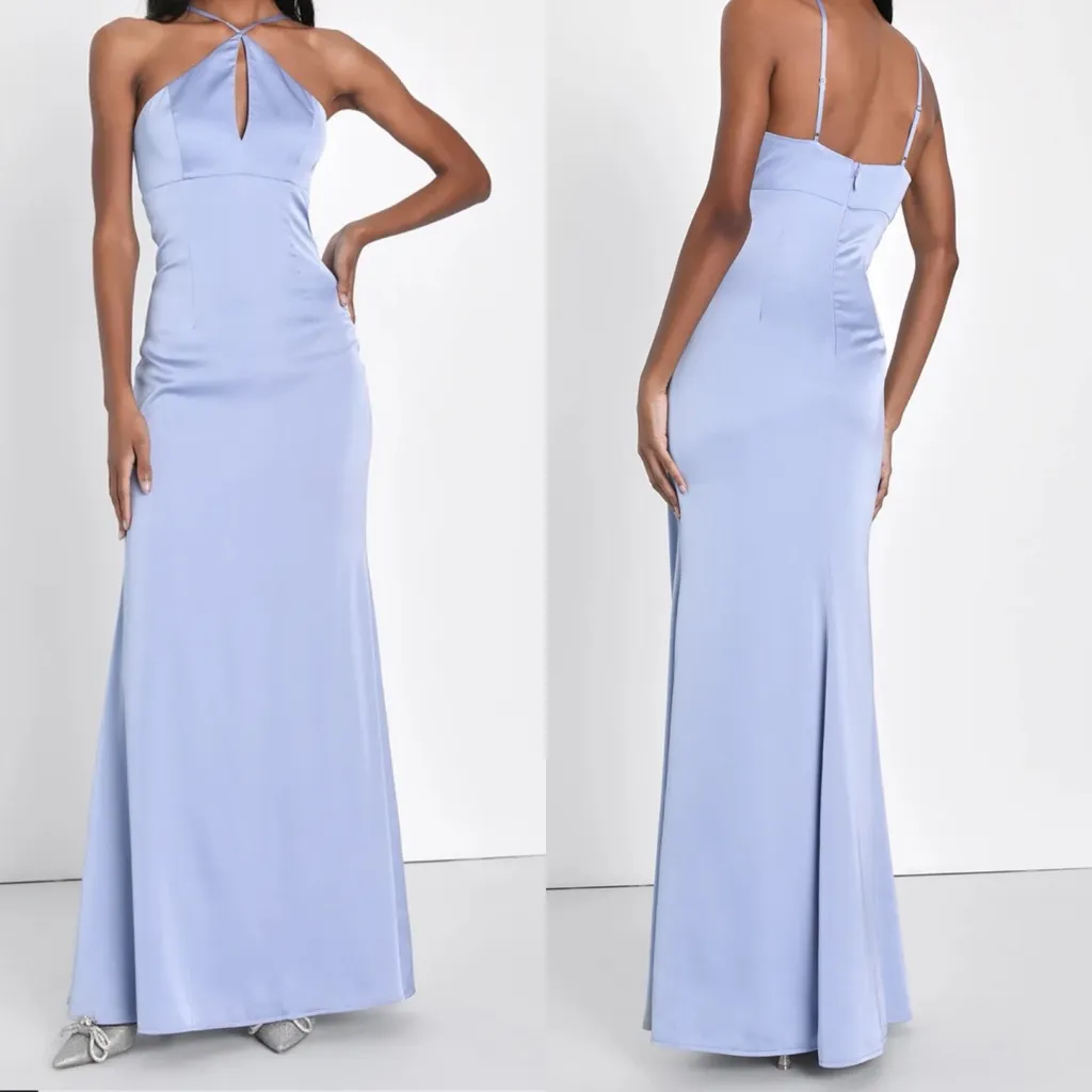 NWT LULU’S Lustrous Love Dusty Blue Satin Halter Cutout Mermaid Maxi Dress Large - Image 2