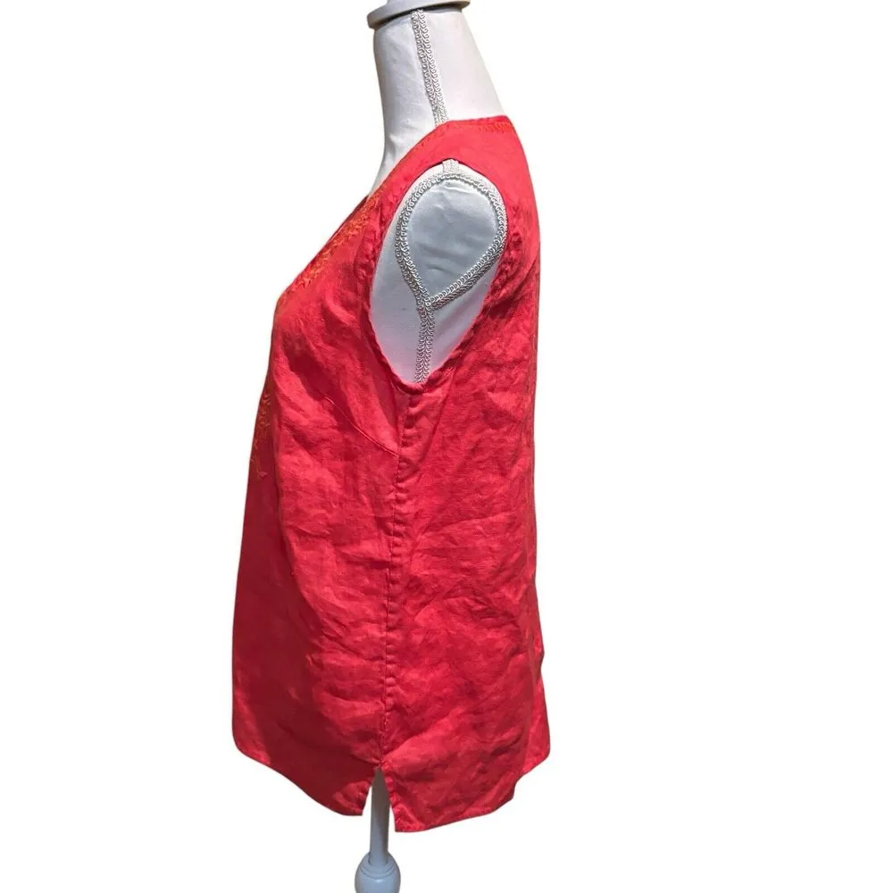 Elite Tahari size‎ Large island hibiscus tank top v-neck 100% linen embroidered - Image 3