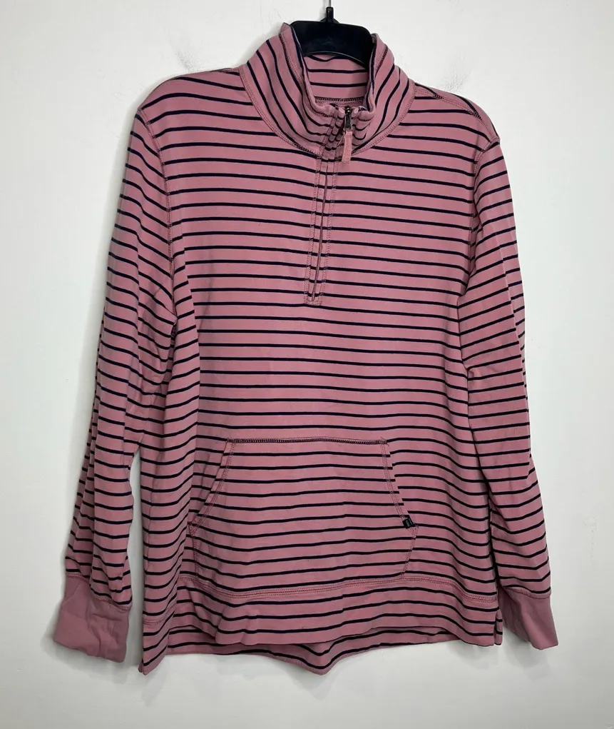L.L. Bean pink & navy blue striped quarter zip pullover women’s size XL casual - Image 1