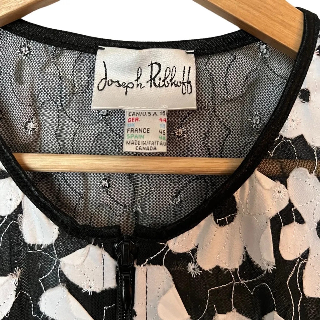 Joseph Ribkoff Zip Front Mesh Floral Applique Jacket, Size 16 Black White - Image 3