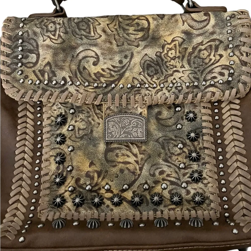 Montana West Studded Tooled Faux Leather Top Handle & Shoulder Strap Cowgirl Bag - Image 4