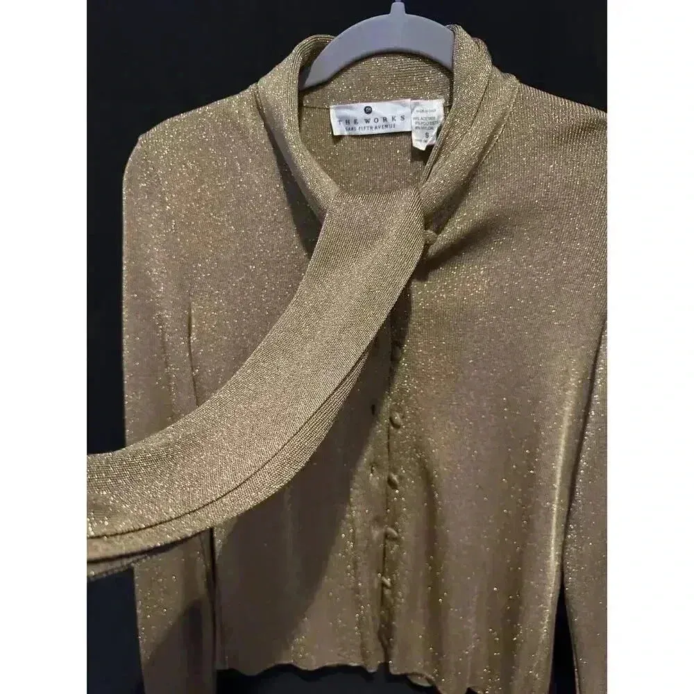 Saks Vintage Works Gold Metallic Cardigan w/tie collar Sz Sm - Image 2