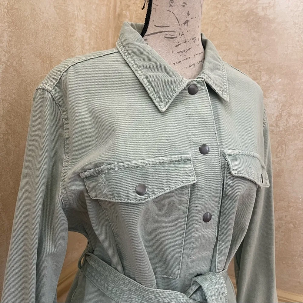 Zara denim belted cotton jean jacket sage green Sz XL - Image 7