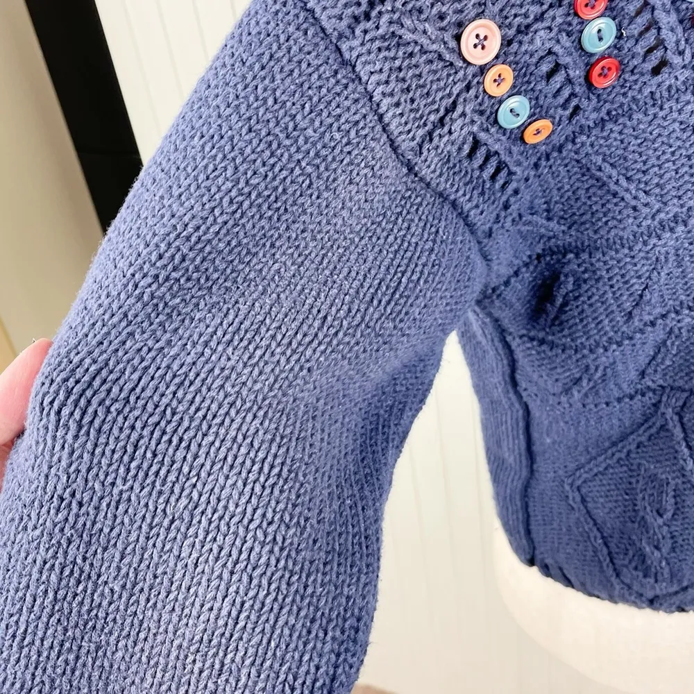 Vintage 90s Y2K Women's Navy Blue Knit Cardigan Sweater with Multicolor Buttons Size M - Image 9