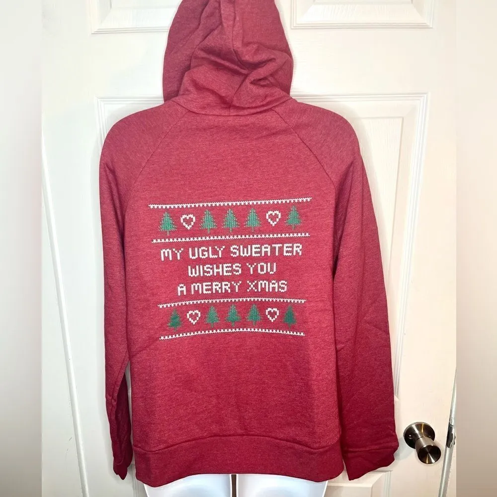 Modcloth Next Level Love My Ugly Christmas Sweater Zip Hoodie Sweatahirt Red L - Image 6