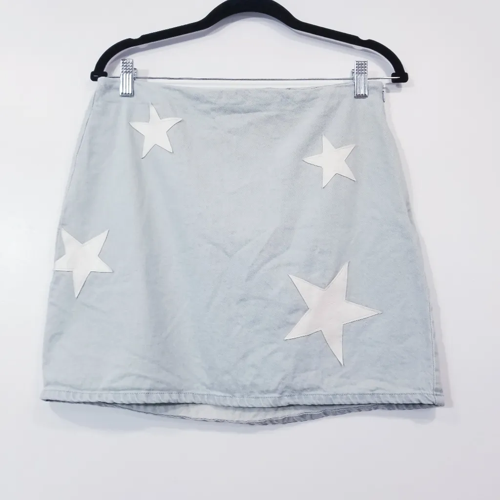 Altar'd State Light Blue Star-Patterned Patchwork  Denim Jacket and Skirt Set - Image 6