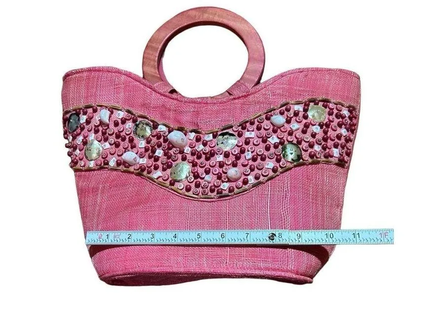 Sun N Sand Boho Chic Beaded Pink Straw Handbag Statement Summer Purse with Woode - Image 11