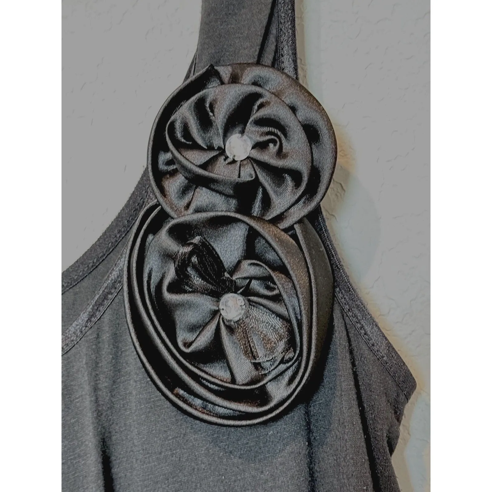 Women’s Black Top Large Silk Flower Rhinestone details USA, Y2K Grunge - Image 3