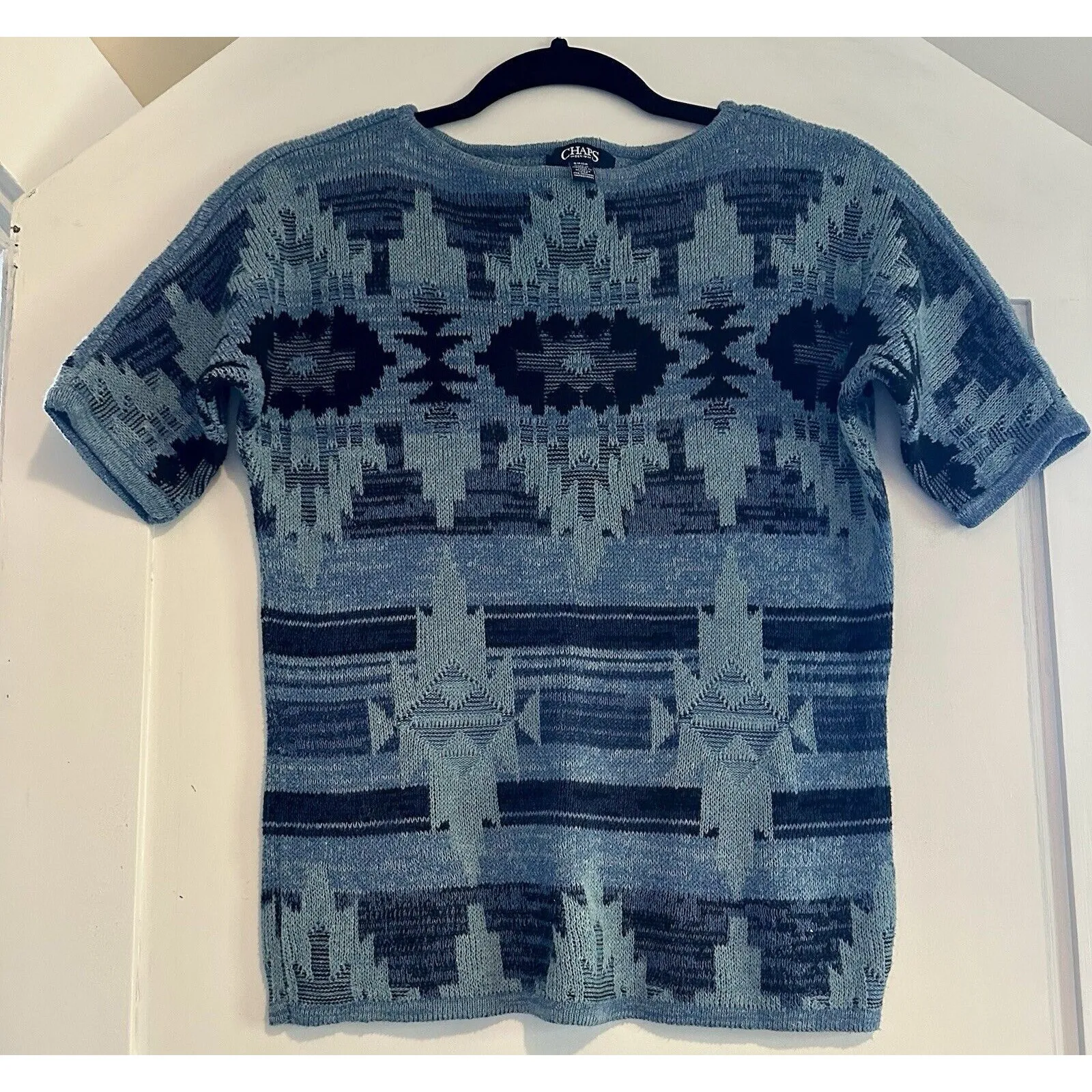 Vintage Chaps SS Boat Neck Sweater Western Short Sleeve Shirt Black/blue Sz S - Image 2