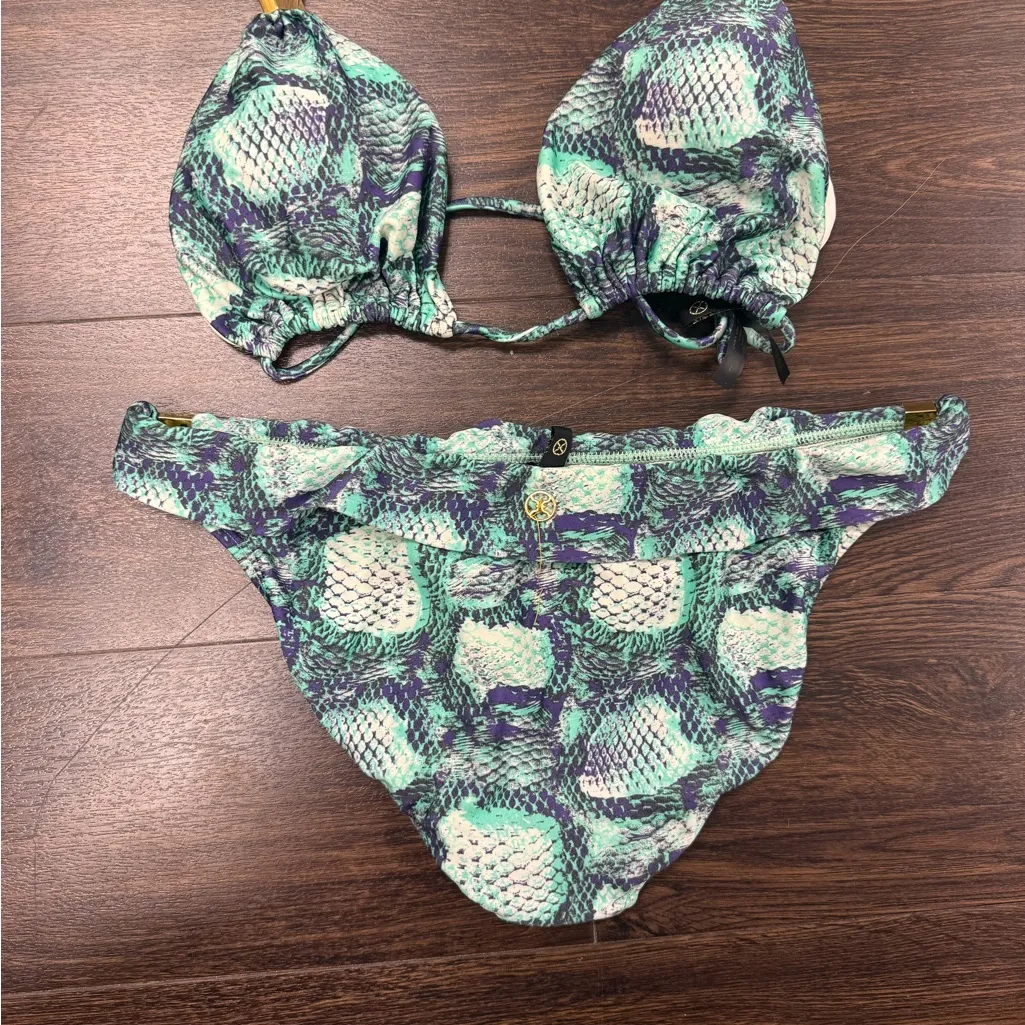 Vix Paula Hermanny Bikini Set Teal Purple Snakeskin Print Gold Hardware large Green - Image 3