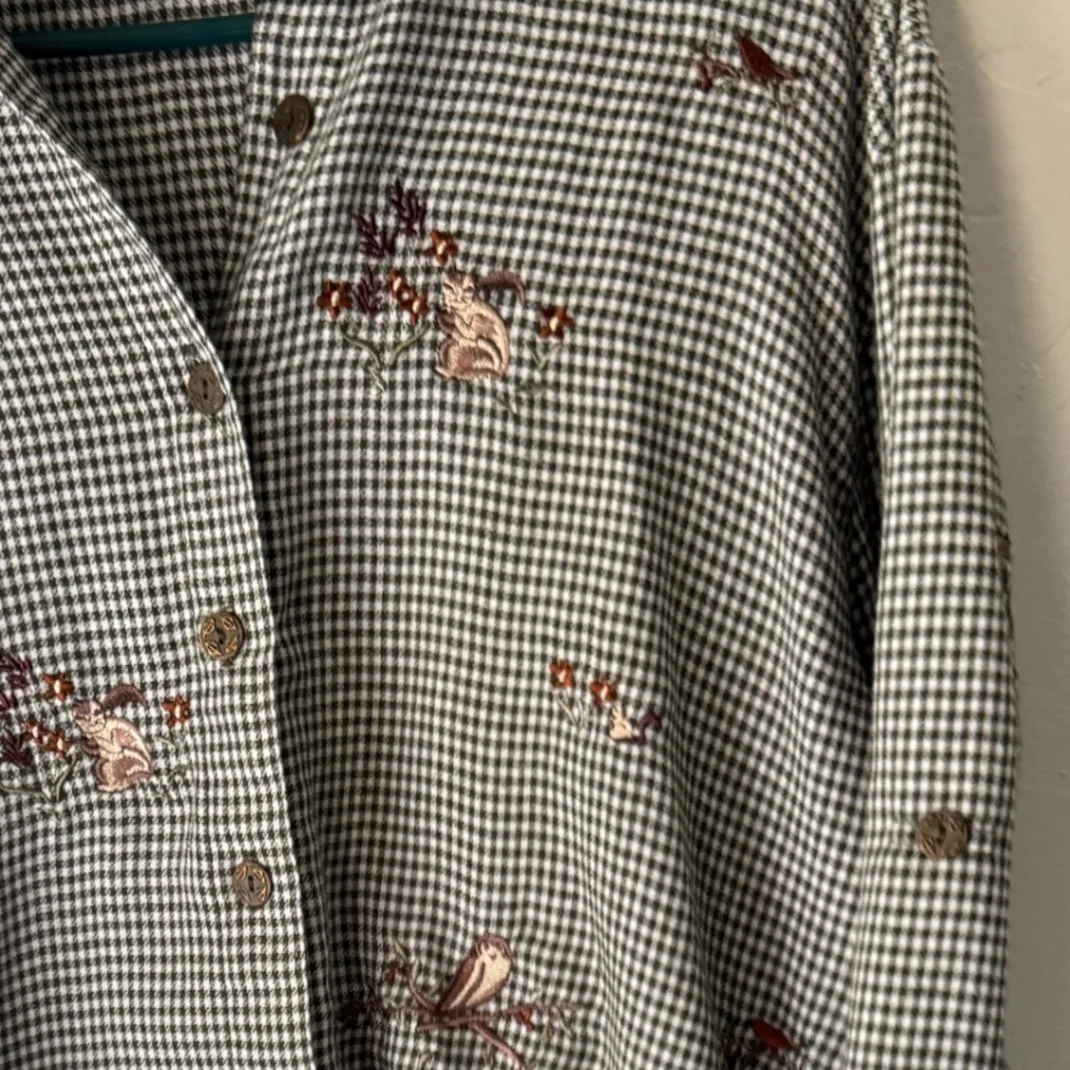Teddi Vintage 90s Womens Plaid Button Down Shirt Embroidered Birds Cottagecore M Brown Size undefined - Image 2