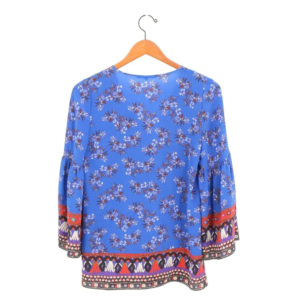 Kobi Halperin Blue Silk Butterfly Bell Sleeve Floral VNeck Blouse Mina Tunic Top Size XS - Image 7